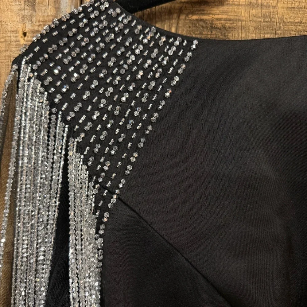 Mac Duggal black beaded Embellished Full Sleeve Jersey Fitted Fit Flare gown 2